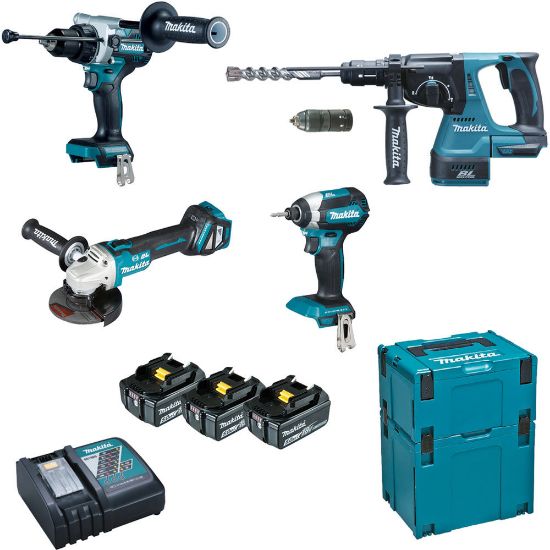 Immagine di KIT TRAPANO DHP486 AVVITATORE A IMPULSI DTD153 TASSELLATORE DHR243 E SMERIGLIATRICE DGA513 CON 3 BATTERIE DA 5,0AH E CAR