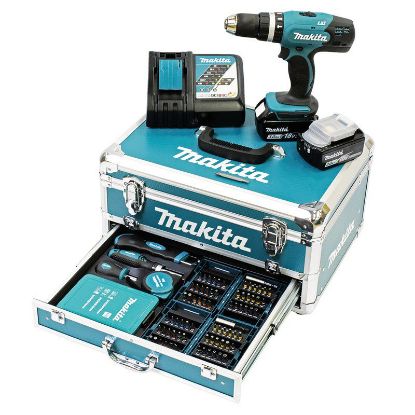 Immagine di TRAPANO AVVITATORE A PERCUSSIONE DHP453RF3J 42NM CON 2 BATTERIE 18V.3,0AH E VALIGGETTA CON 58 ACCESSORI MAKITA
