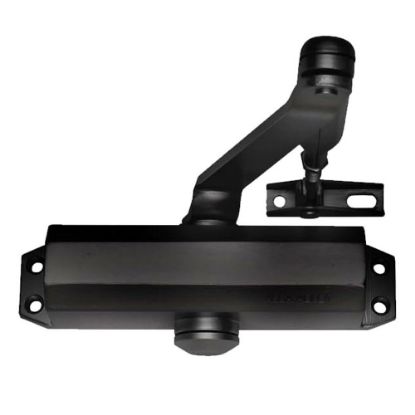 Immagine di CHIUDIPORTA A PIGNONE E CREMAGLIERA CON BRACCIO DI COLLEGAMENTO DC110 NERO RAL9005 PER PORTE TAGLIAFUOCO FINO 950 MM