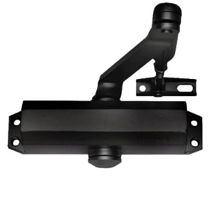 Immagine di CHIUDIPORTA A PIGNONE E CREMAGLIERA CON BRACCIO DI COLLEGAMENTO E FERMO D ARRESTO DC110 NERO RAL9005 PORTE FINO A 950 MM