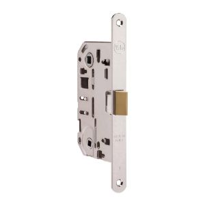 Immagine di SERRATURA INFILARE PER PORTE IN LEGNO 50X96 MM BORDO TONDO SCROCCO ABS CROMO SATINATO FUNZIONE WC ASSA ABLOY