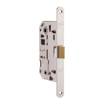 Immagine di SERRATURA INFILARE PER PORTE IN LEGNO 50x96 MM BORDO TONDO SCROCCO ABS CROMO SATINATO FUNZIONE WC ASSA ABLOY