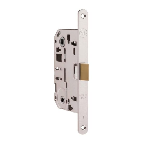 Immagine di SERRATURA INFILARE PER PORTE IN LEGNO 50x96 MM BORDO TONDO SCROCCO ABS CROMO SATINATO FUNZIONE WC ASSA ABLOY