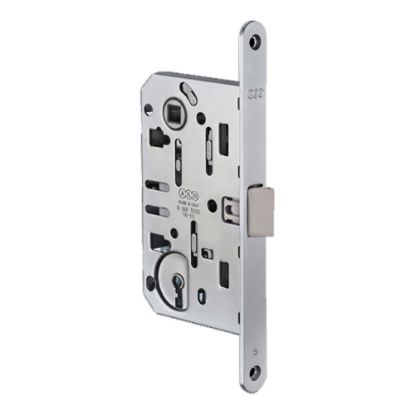 Immagine di SERRATURA INFILARE PER PORTE IN LEGNO 50x85 MM BORDO TONDO SCROCCO ABS CROMO SATINATO FUNZIONE CILINDRO AGB