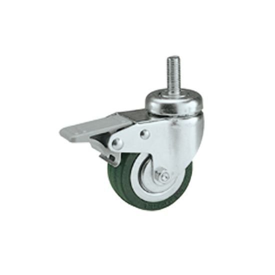 Immagine di RUOTA IN GOMMA Ø 50 MM CON FRENO E SUPPORTO GIREVOLE A SFERE FILETTATO ZINCATO DIAMETRO 8 MM XH15 MM
