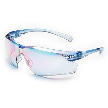 Immagine di OCCHIALI DI PROTEZIONE LENTE BLU SPECCHIATO ANTIRIFLESSO E MONTATURA AZZURRA UNIVET