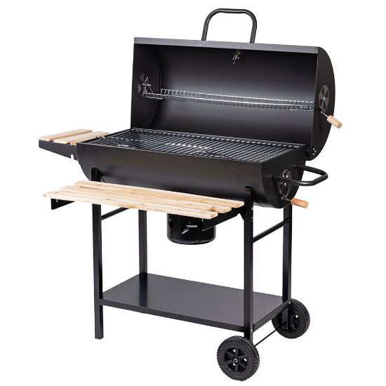Immagine di BARBECUE CARBONELLA BESTBQ RETTANGOLARE CON COPERCHIO 108X70X100H CM RUOTE E RIPIANI IN LEGNO GALILEO