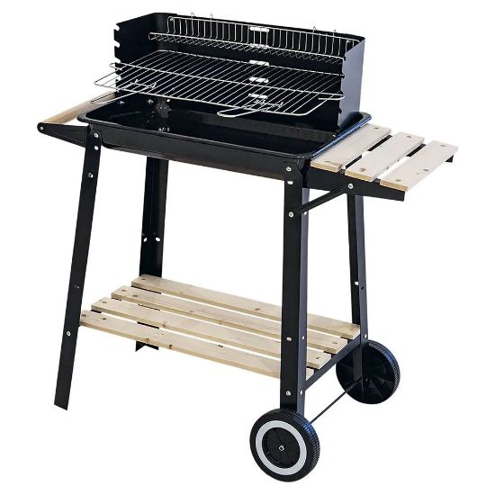 Immagine di BARBECUE A CARBONELLA BESTBQ RETTANGOLARE L 83 P 44  H 87 CM CON RUOTE E PIANO IN LEGNO GALILEO
