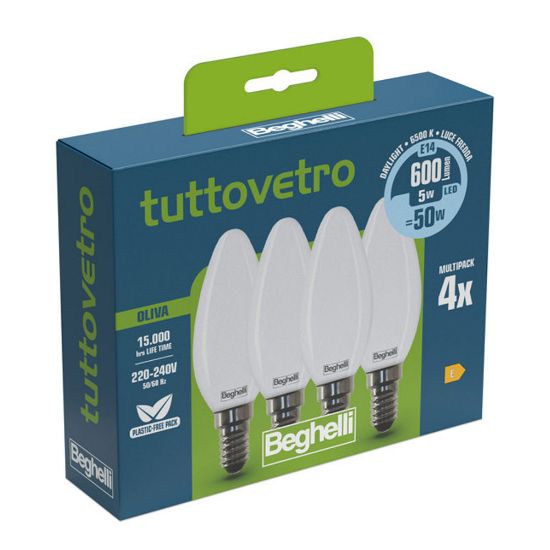 Immagine di LAMPADINA LED TUTTOVETRO OPALINO A OLIVA 5W 6K ATTACCO E14 CONFEZIONE 4 PZ BEGHELLI