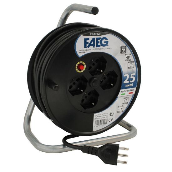 Immagine di AVVOLGICAVO 25 MT CON 4 PRESE SCHUKO BIVALENTE 10-16A, PRESA 2P+T 16A, CAVO 3X1.5 MM IP20D FAEG