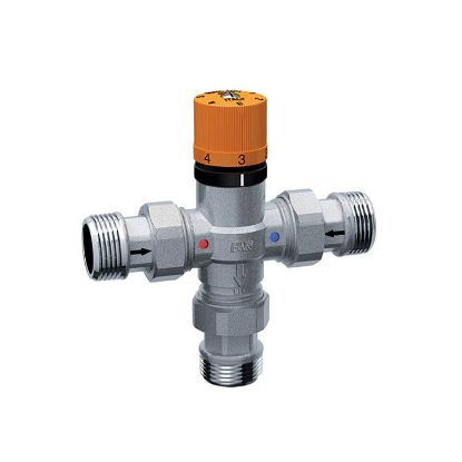 Immagine di MISCELATORE TERMOSTATICO  SOLARFAR  3/4" M-25°-65° CON BOCCHETTONI 1/2" E VALVOLA DI RITEGNO FAR
