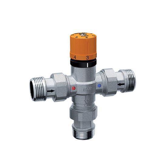 Immagine di MISCELATORE TERMOSTATICO  SOLARFAR  3/4" M-25°-65° CON BOCCHETTONI 1/2" E VALVOLA DI RITEGNO FAR