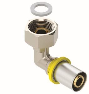 Immagine di CURVA 90° FEMMINA IN DUE PEZZI FILETTATA FEMMINA SEDE PIANA CON GIRELLO MULTIGAS Ø 16 MM 3/4"