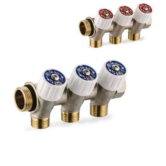 Immagine di COLLETTORE SANITARIO Ø 3/4" MF 2 VIE DA 1/2" CON RUBINETTI ED AUTOTENUTA TE-SA