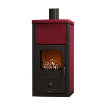 Immagine di TERMO STUFA A LEGNA TERMO ARIANNA 15,5 KW RIVESTIMENTO MAIOLICA BORDEAUX COLA