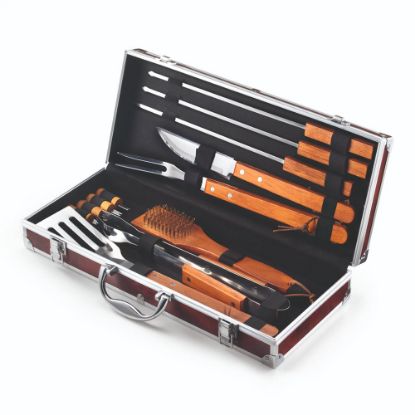 Immagine di SET VALIGETTA IN RADICA COMPOSTA DA 12 ACCESSORI IN ACCIAIO INOX CON MANICO IN LEGNO