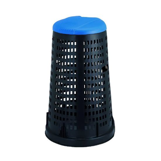 Immagine di TRESPOLO PORTASACCO GRIGLIATO IN POLIPROPILENE NERO 110 LT Ø 37 H 85,5 CM CON COPERCHIO BLU